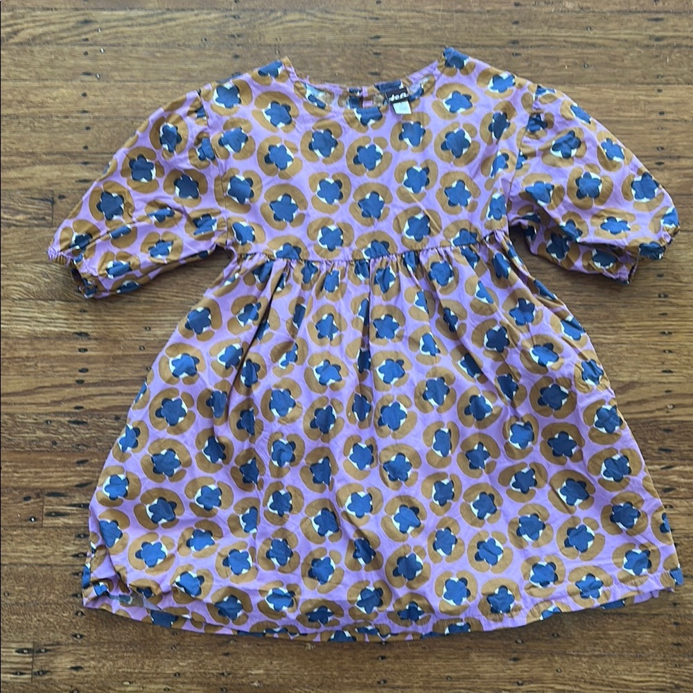 Tea Collection Pink and Mustard Floral Print Puff Sleeve Dress